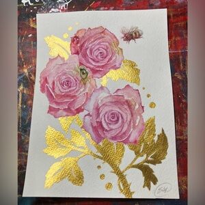 Original pink roses bumblebee painting ladybug gold accents butterfly Artettina
